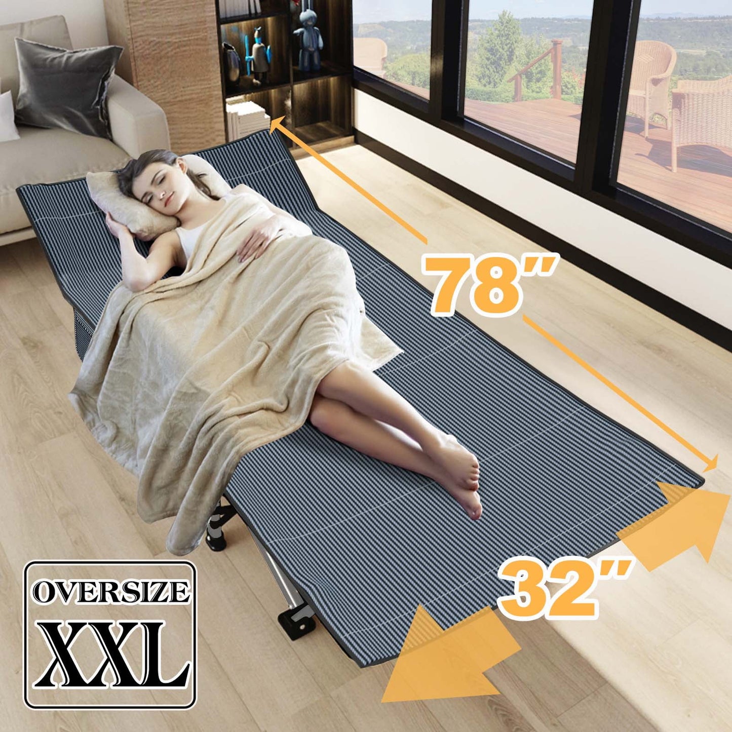 XXL Oversized 78" Portable Heavy Duty Camping Cot for Adults, Rollaway Guest Bed Sleeping Cot with Mattress, Outdoor Folding Bed with Carry Bag