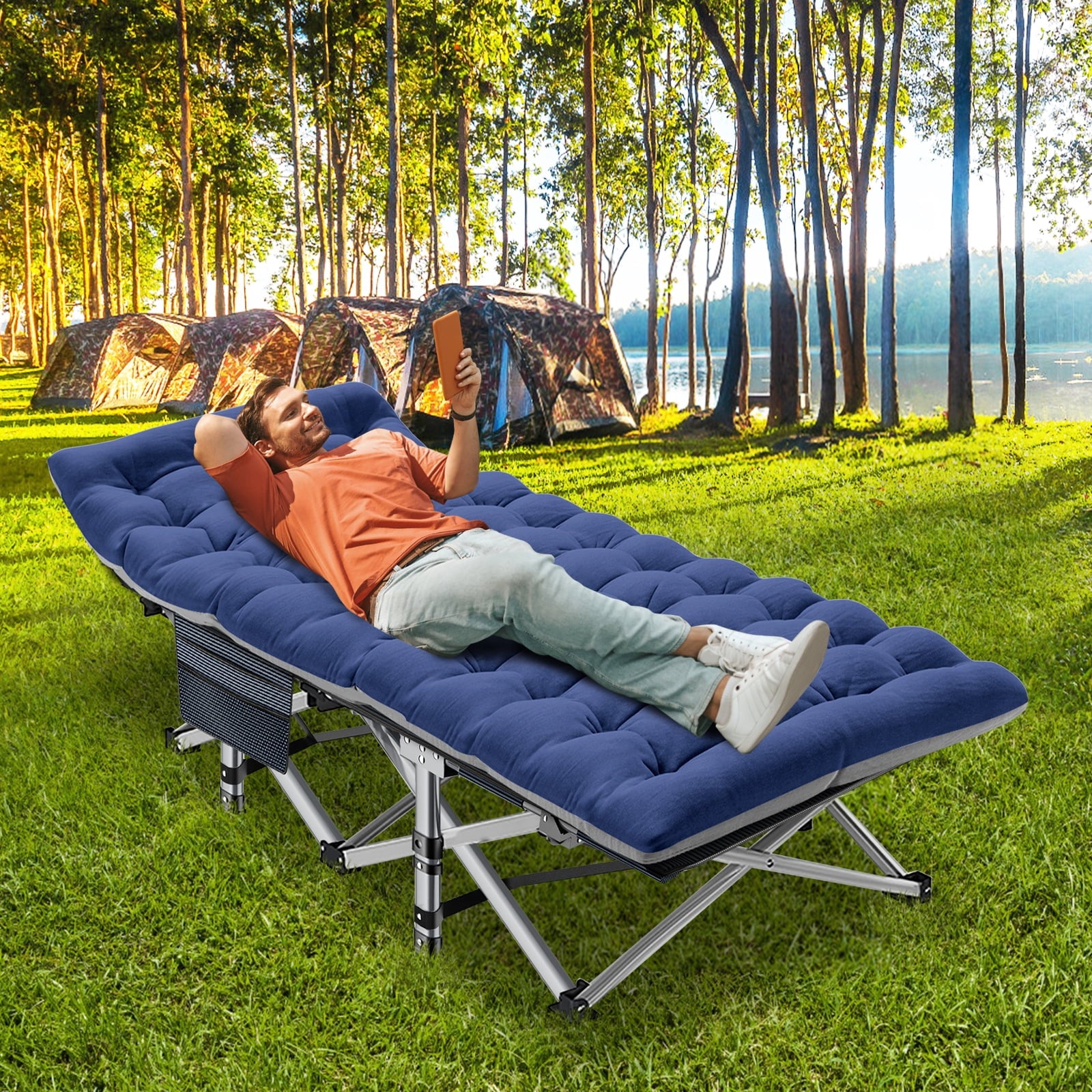 XXL Oversized 78" Portable Heavy Duty Camping Cot for Adults, Rollaway Guest Bed Sleeping Cot with Mattress, Outdoor Folding Bed with Carry Bag