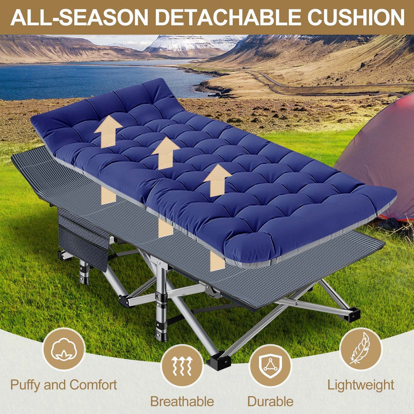 XXL Oversized 78" Portable Heavy Duty Camping Cot for Adults, Rollaway Guest Bed Sleeping Cot with Mattress, Outdoor Folding Bed with Carry Bag
