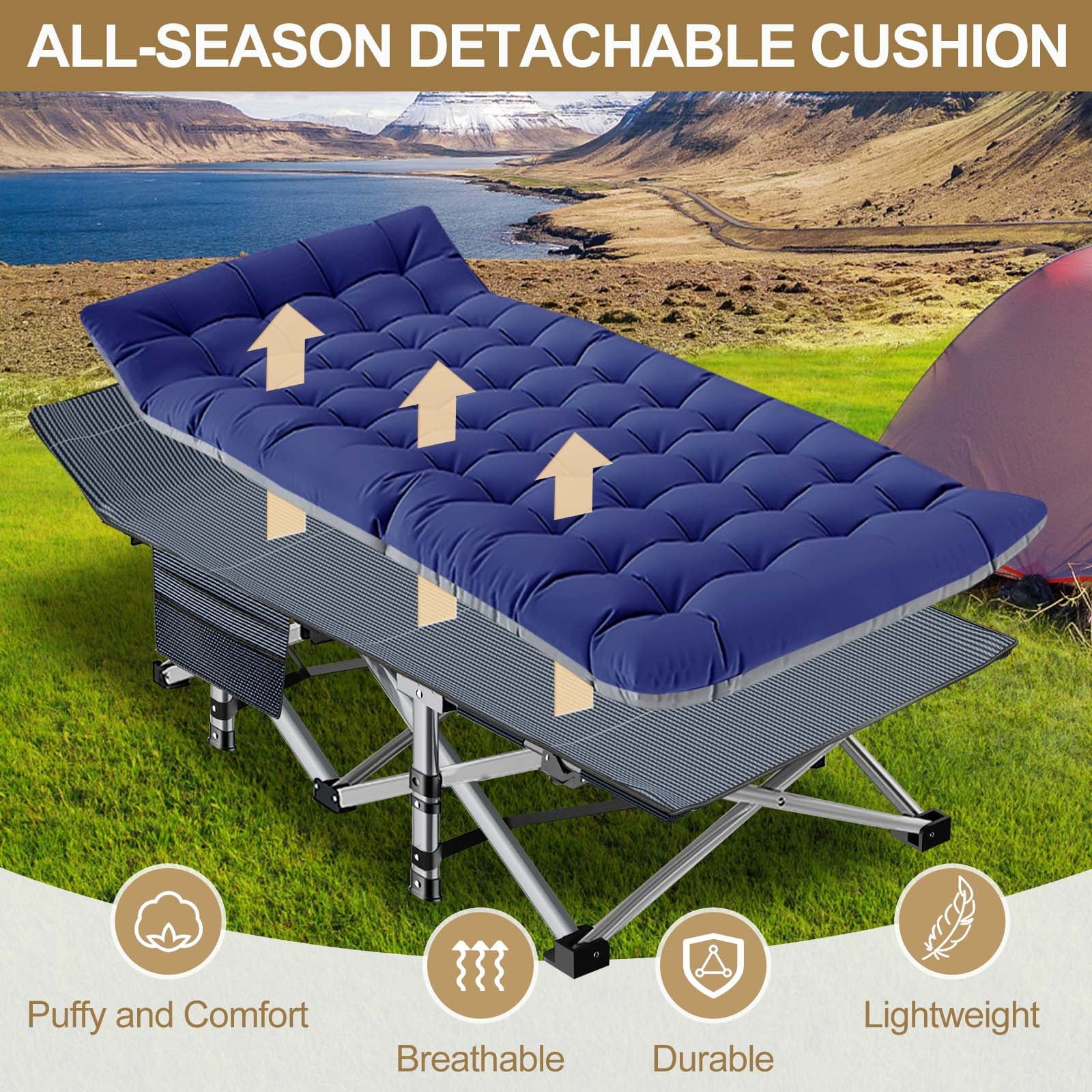XXL Oversized 78" Portable Heavy Duty Camping Cot for Adults, Rollaway Guest Bed Sleeping Cot with Mattress, Outdoor Folding Bed with Carry Bag