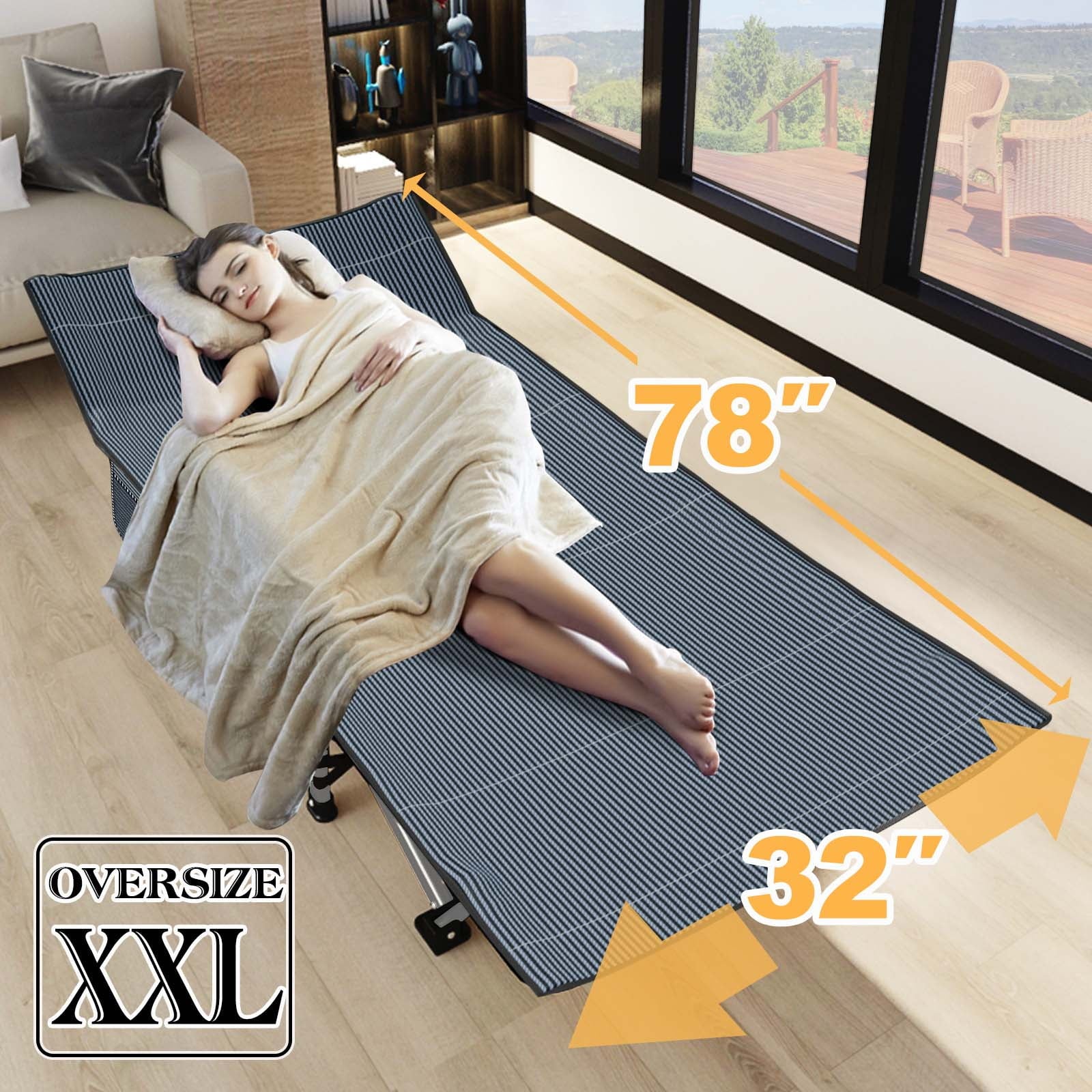 XXL Oversized 78" Portable Heavy Duty Camping Cot for Adults, Rollaway Guest Bed Sleeping Cot with Mattress, Outdoor Folding Bed with Carry Bag