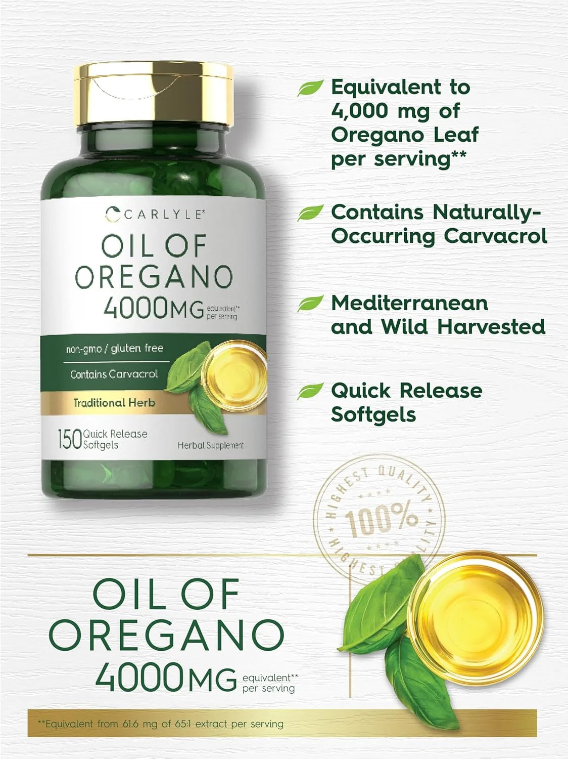 Oregano Oil Capsules | 4000 Mg | 150 Softgels for Men and Women