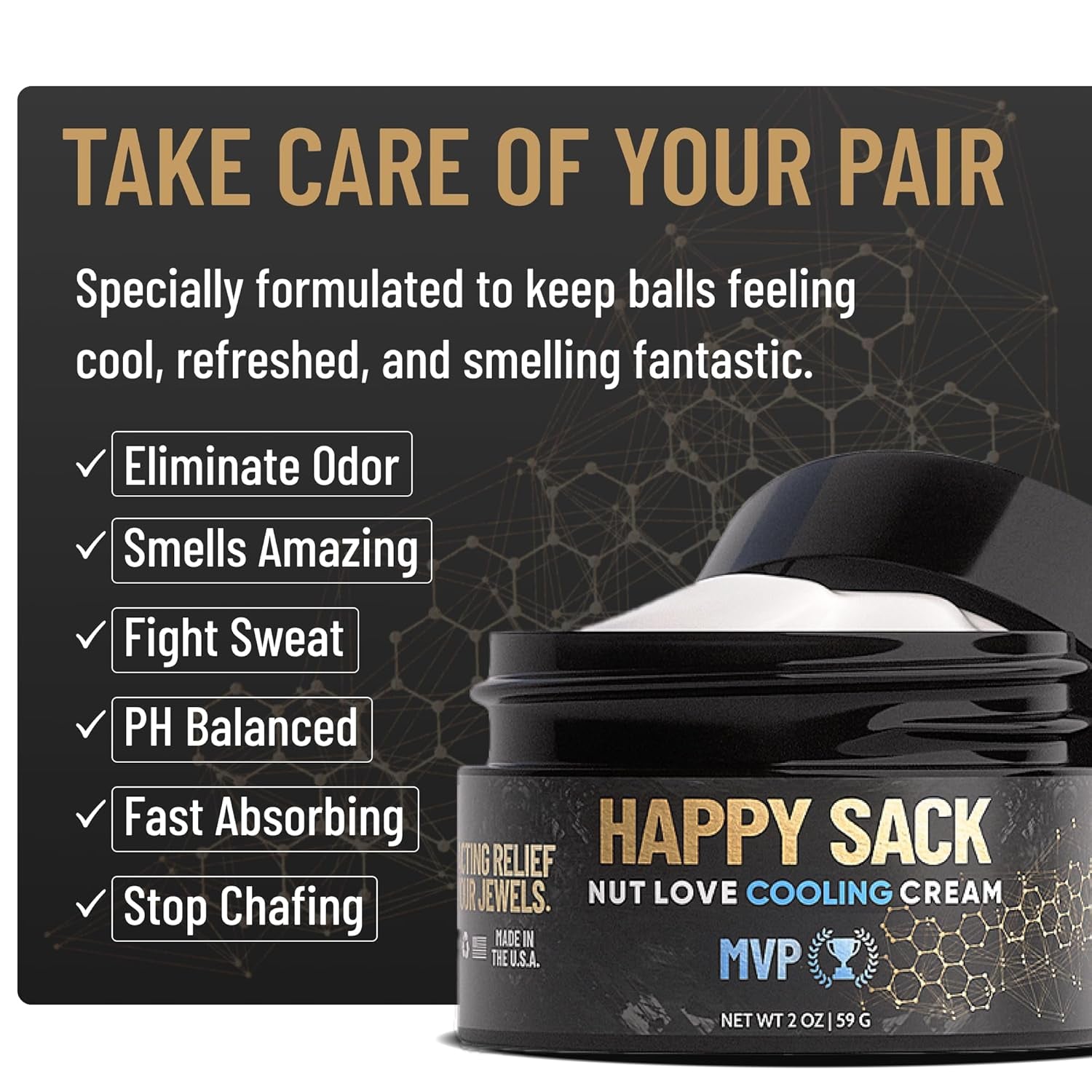 Happy Sack Ball Deodorant & anti Chafing Cream for Men | Formulated with All-Natural Deoplex for Odor Control | Aluminum Free Nut Love Cooling Cream - MVP Scent, 2 Oz (1 Pack)