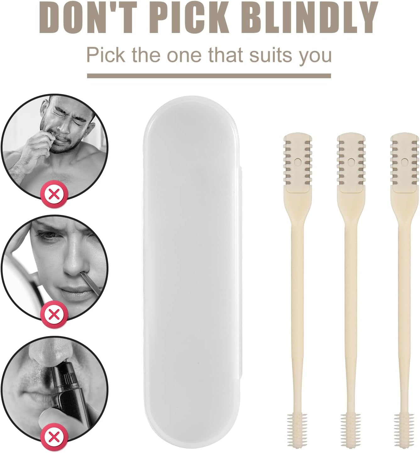 3Pcs 2 in 1 Nose Hair Trimmer, 360° Rotating Nasal Hair Cutter Clipper Double Sided Nose Hair Cleaner Portable Manual Nostril Hair Removal Tool with Ear Picker for Men Women (Cream)