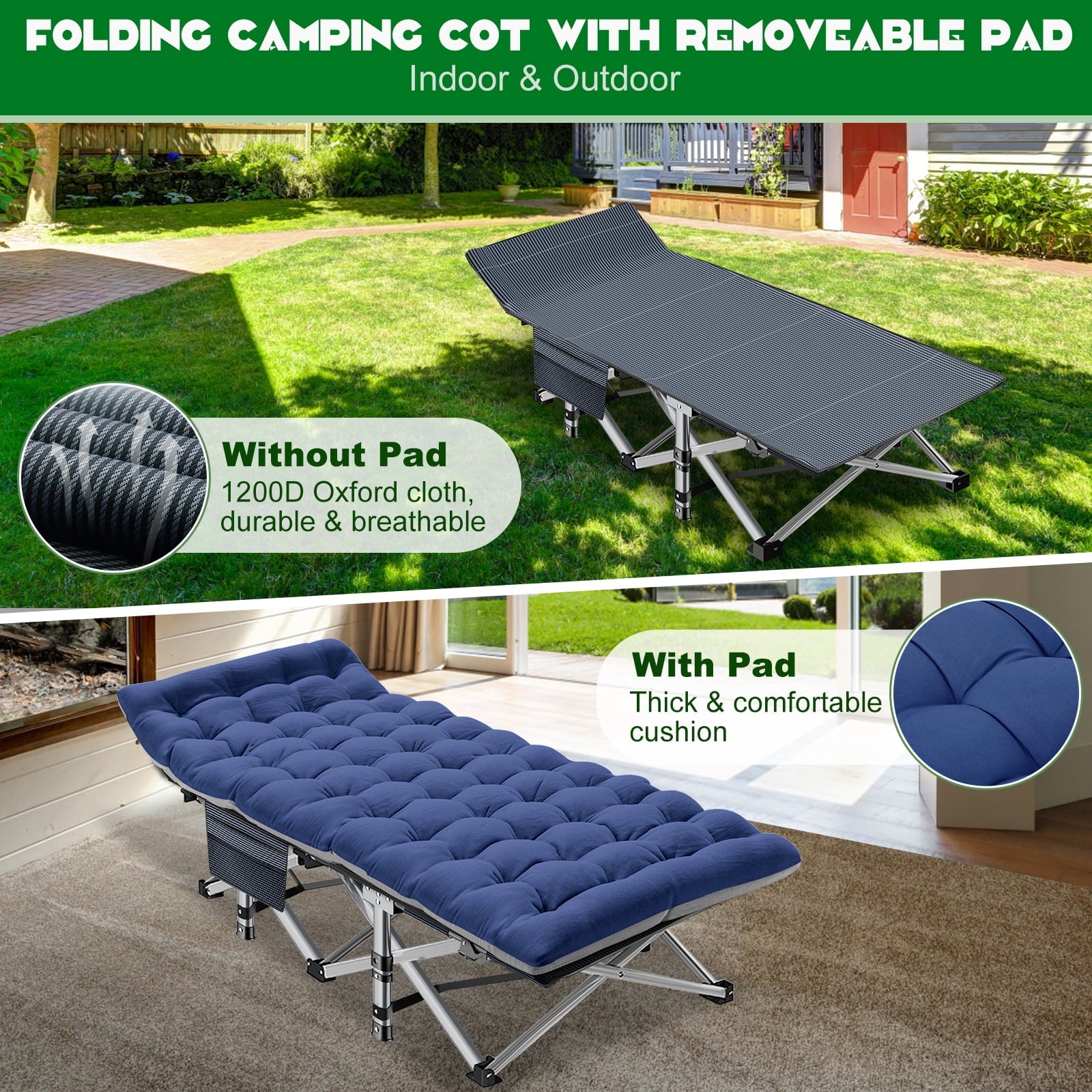 XXL Oversized 78" Portable Heavy Duty Camping Cot for Adults, Rollaway Guest Bed Sleeping Cot with Mattress, Outdoor Folding Bed with Carry Bag