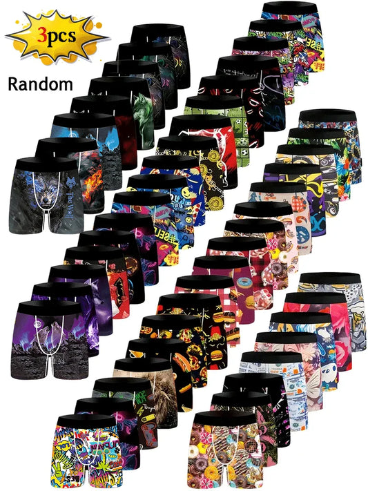 Random 3Pcs Fashion Print Men Boxer Underwear Boxershorts Print Man Underpants Panties Innerwear Mens Trunks Male Boxers Briefs
