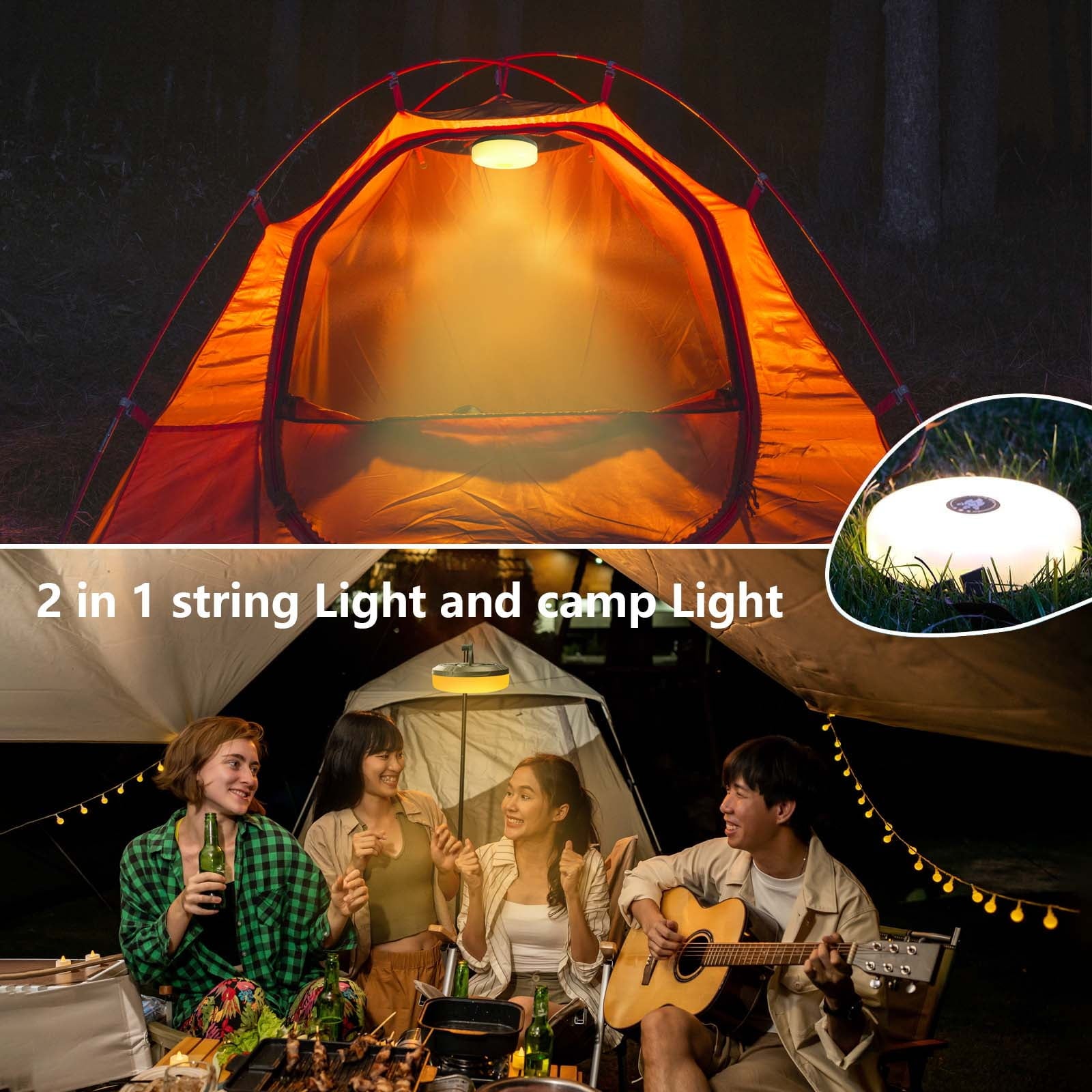 Camping Outdoor String Lights,Waterproof Rechargeable Tent Lights Lantern for Garden,Yard,Hiking,Warm Color