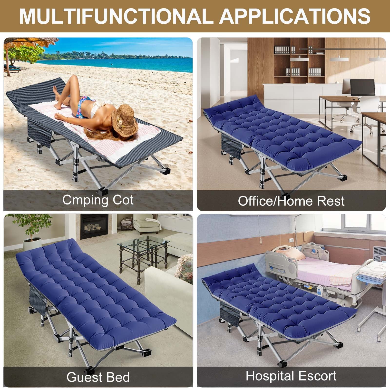XXL Oversized 78" Portable Heavy Duty Camping Cot for Adults, Rollaway Guest Bed Sleeping Cot with Mattress, Outdoor Folding Bed with Carry Bag
