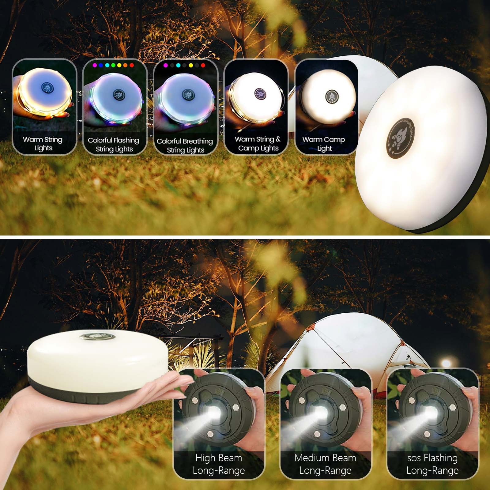 Camping Outdoor String Lights,Waterproof Rechargeable Tent Lights Lantern for Garden,Yard,Hiking,Warm Color