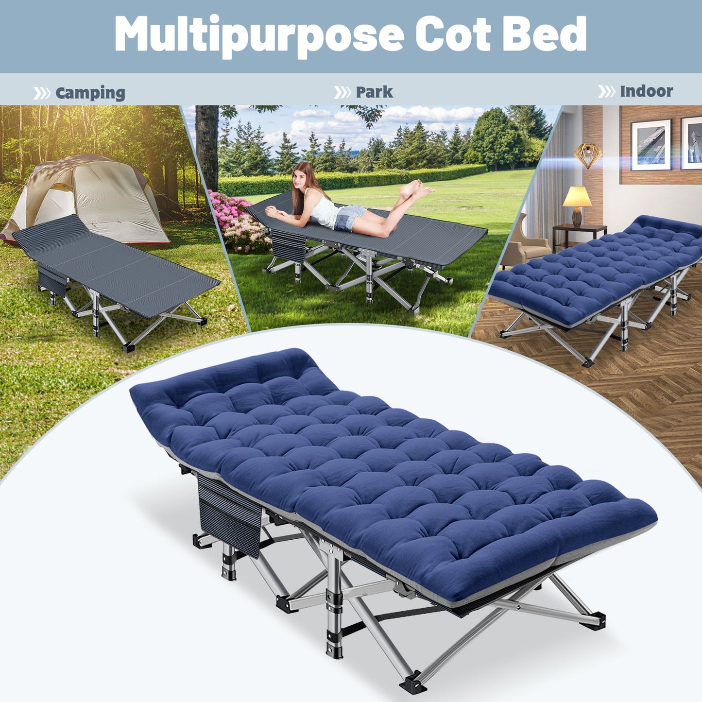 XXL Oversized 78" Portable Heavy Duty Camping Cot for Adults, Rollaway Guest Bed Sleeping Cot with Mattress, Outdoor Folding Bed with Carry Bag